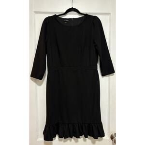 Talbots Petite 10P Black Sheath Dress Ruffle Hem 3/4 Sleeve Lined Career Classic